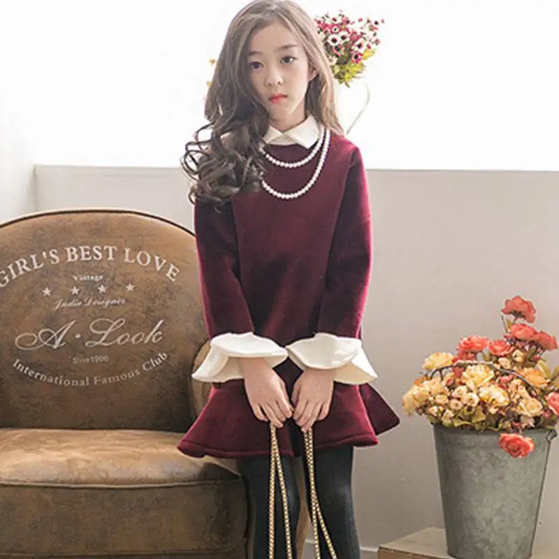 Autumn winter pompon dresses for girls flare sleeve design dress children patchwork clothing plus velvet thick kids wear 3-12Y | Детская