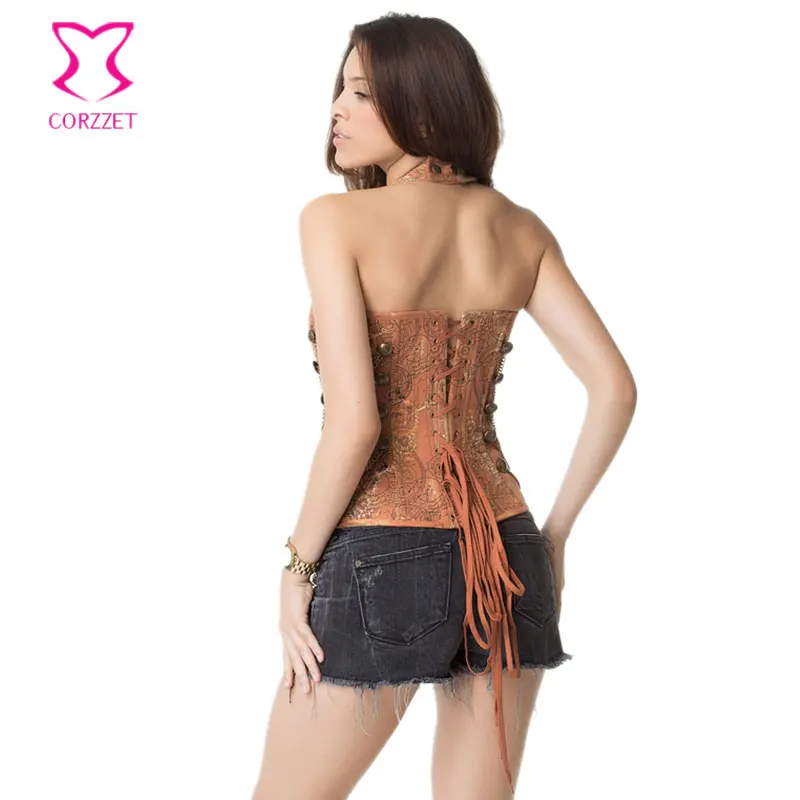 

Brown Vintage Denim Halter Steampunk Corsets And Bustiers Gothic Corset Sexy Corpetes E Espartilhos Plus Size Burlesque Costumes