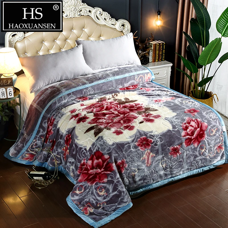 

Electric Blue Flower Printed Raschel Blanket Super Soft Double Layer Embossed Blankets For Warm Bed Cover Thick Bedspread 3Kg