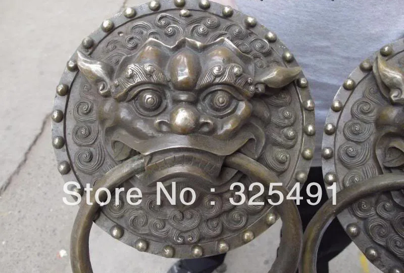 Тибет народная Медь Бронзовый богатство Lucky Foo Dog голова льва дверная ручка