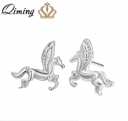 QIMING серебряные детские серьги для женщин Женская кошачья лапа Лебедь Колибри животное кулон серьги в богемном стиле дешевые ювелирные изделия гвоздики - Окраска металла: wing horse