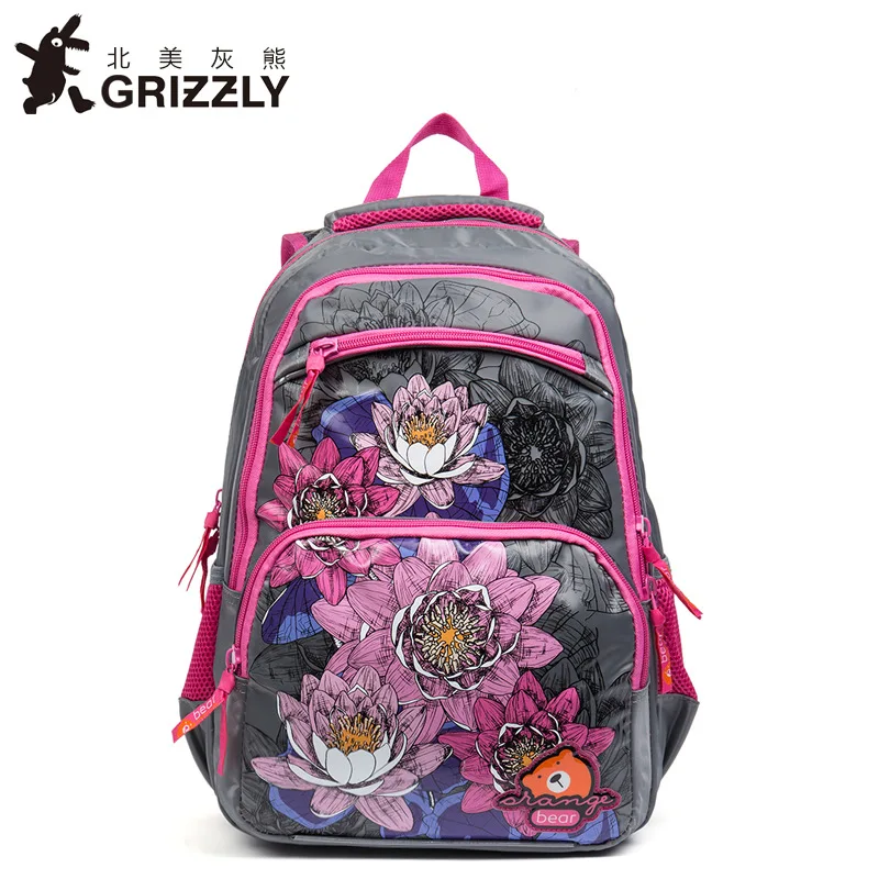 Детские школьные сумки GRIZZLY модные рюкзаки с цветочным принтом нейлоновые