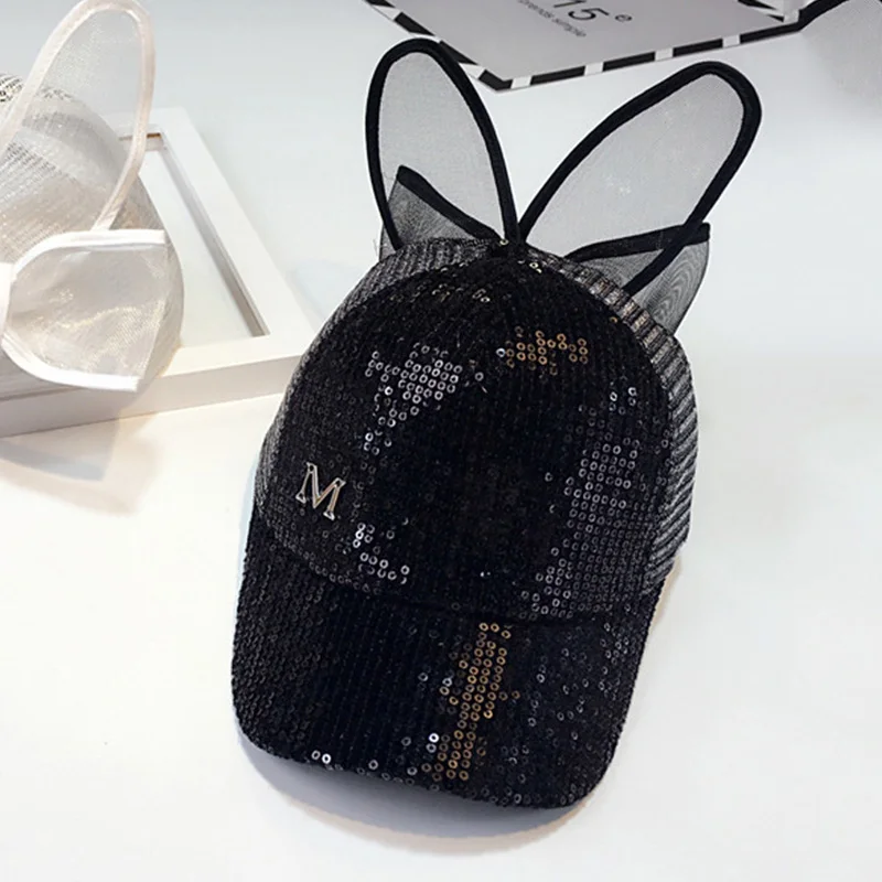 glitter mesh black Милая Весенняя шляпа для младенцев, летняя бейсбольная кепка для маленьких девочек, блестящая шапка с кроличьими ушками и жемчугом, детские шляпы от солнца для девочек - Цвет: glitter mesh black