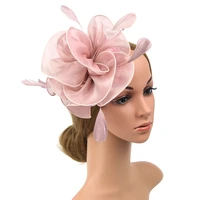 fascinator with headband feather floral pillbox netting hat for women cocktail pink