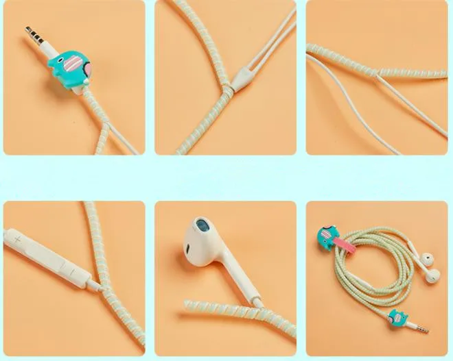 Мультфильм USB кабель протектор набор с наушниками коробка кабель Стикеры для намотки Спиральный шнур протектор для iPhone samsung huawei
