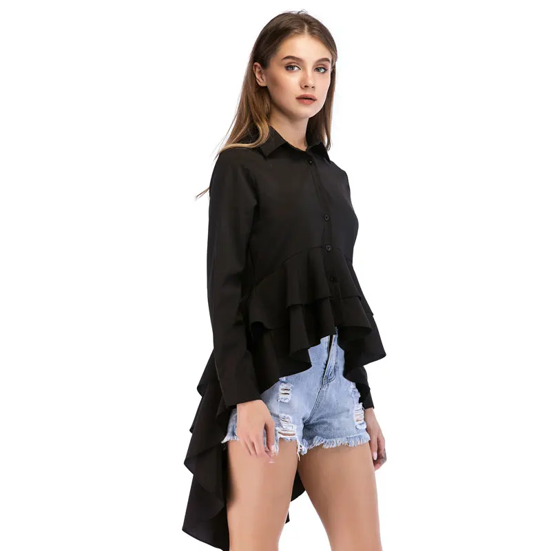 

Apperloth Black White Dovetail Ruffle Shirt Women 2018 Autumn Office Lady Lapel Tops Female Long Sleeve High Low Ruffles Blouses