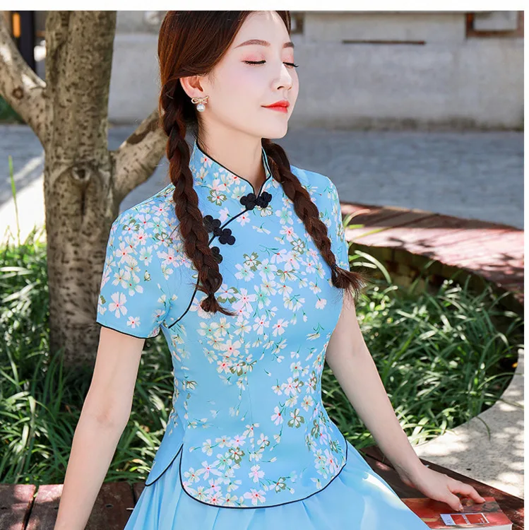 Sheng Coco 3XL 4XL вишневые рубашки Cheongsam блузка желтый цветочный принт Элегантные классические женские топы Ципао китайский стиль