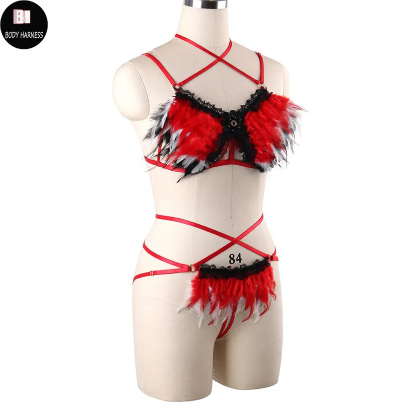 Танцевальный Костюм для шеста с красными перьями|Подвязки| |