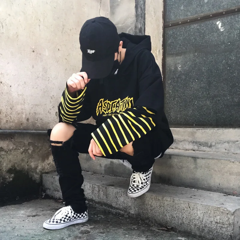 Harajuku Толстовка Женская Осенняя в полоску Лоскутная спортивный костюм Топ Повседневная с дырками с длинным рукавом Свободная уличная панк толстовки Толстовка