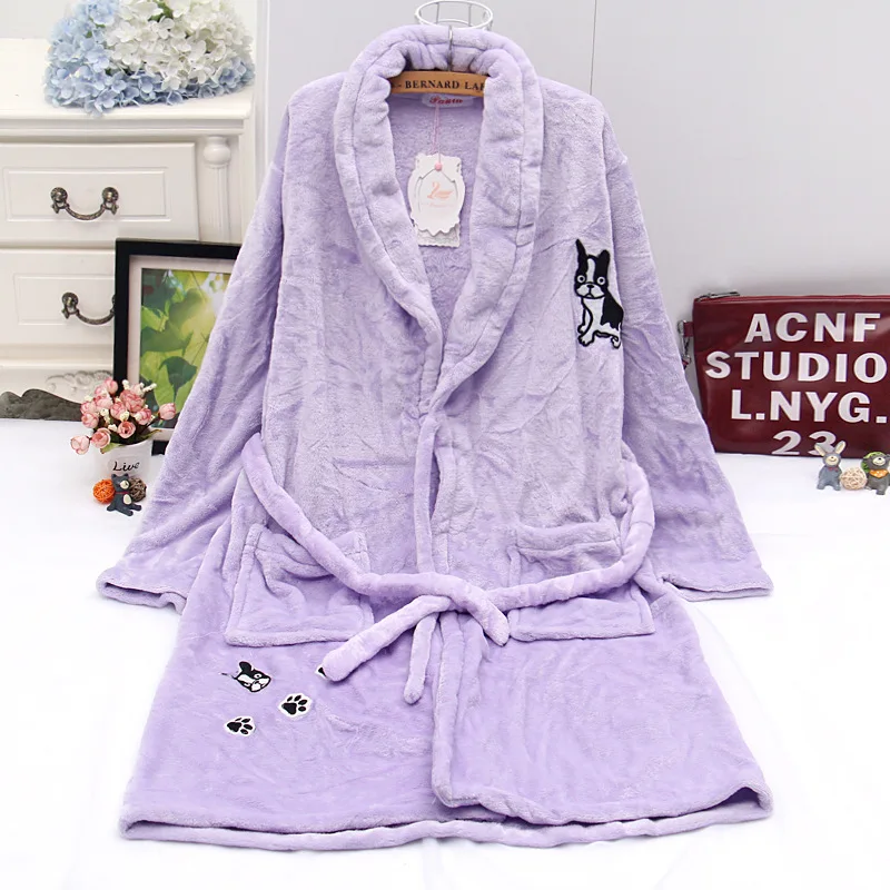 Дамы Милый Мультфильм Собака Pattern Фланели Кардиган Халаты Ночной Рубашке Халат