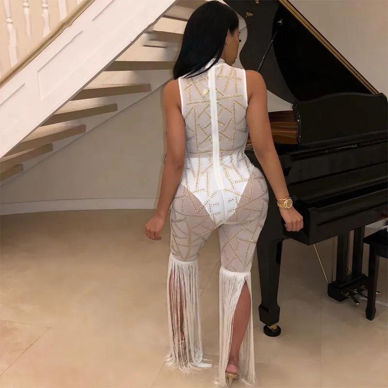 Tassel Patchwork Sheer Mesh Jumpsuit NEW Women Transparent Sexy Night Club Party Romper Overalls Costume Outfit | Женская одежда