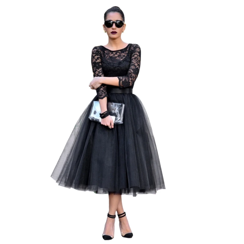 

Vintage Prom Dresses 2020 Black Lace Tulle Formal Party Gowns Plus Size Vestido De Gala Tea Length Prom Dress