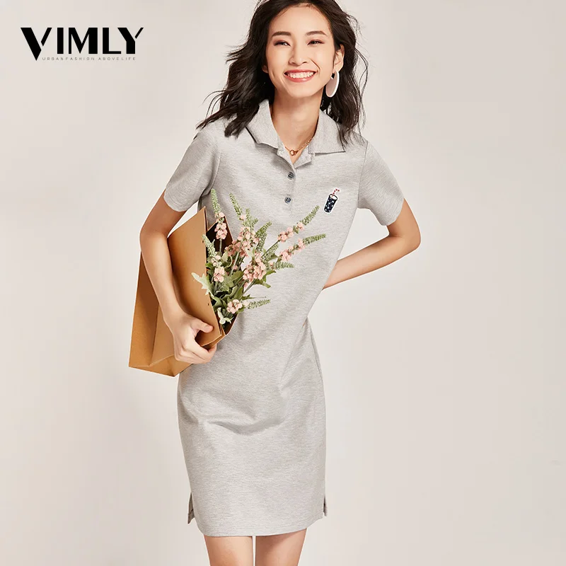 Vimly летние милые женские платья с вышивкой поло повседневное серое платье