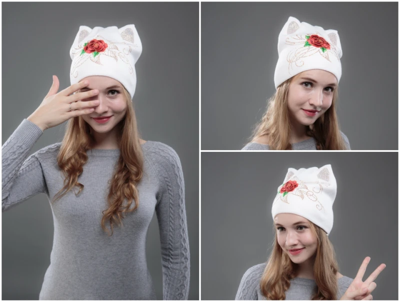 Дизайн женские шапочки Skullies Милая Красная Роза девушка осень зима шапка с кошачьими ушками Стразы Цветочные женские зимние шапки бини