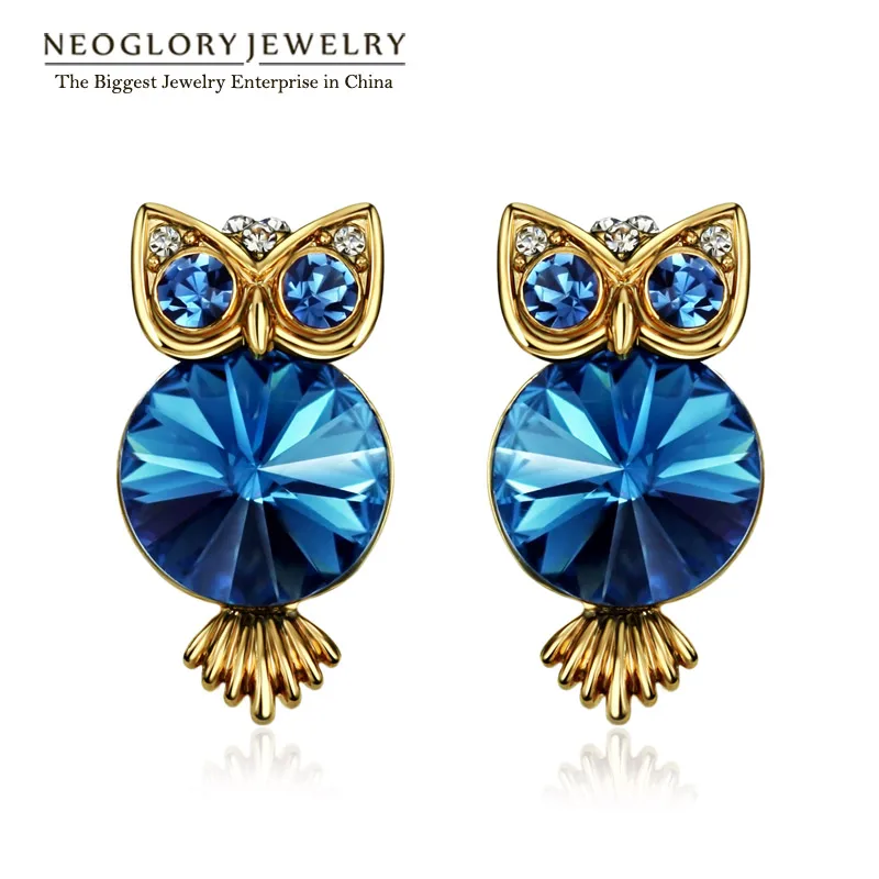 Серьги гвоздики Neoglory антикварный светильник желтое золото синий кристалл Сова