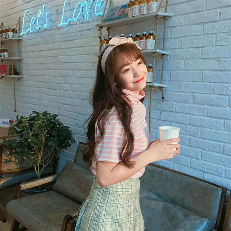 Женская футболка в Корейском стиле Harajuku Ulzzang тонкая полоску с вышивкой Love