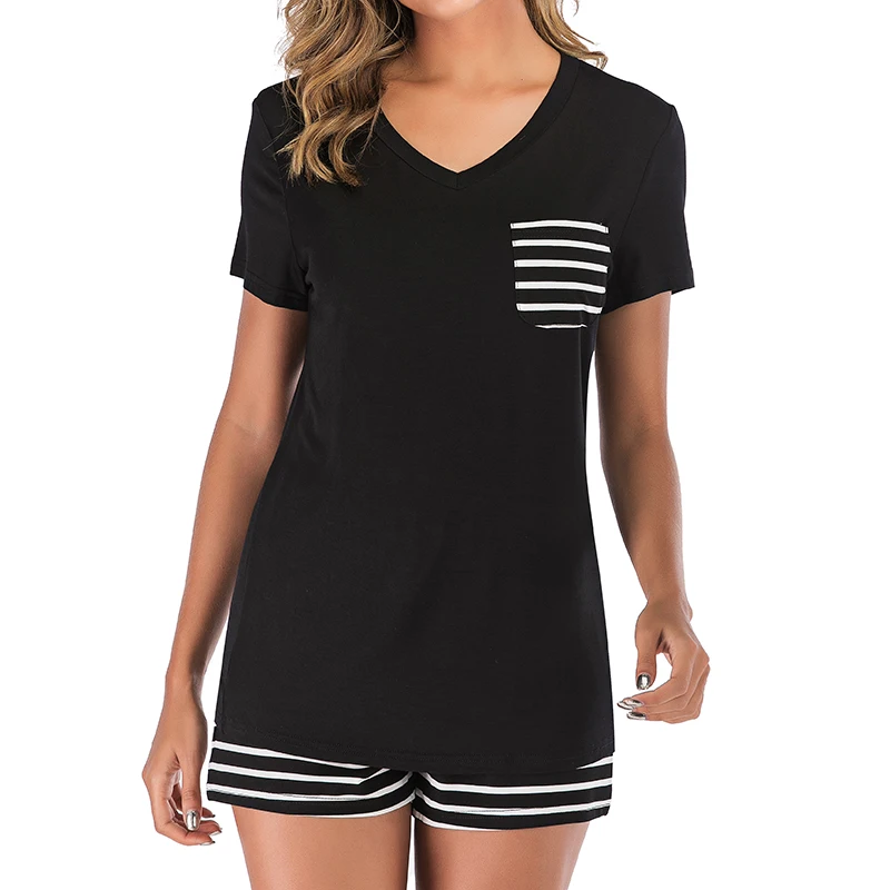 

Aamikast Casual Pajamas Set Women V-Neck Short Sleeve Front Pockets Tops and Striped Shorts Soft Pajama Set Female Homewear Clot