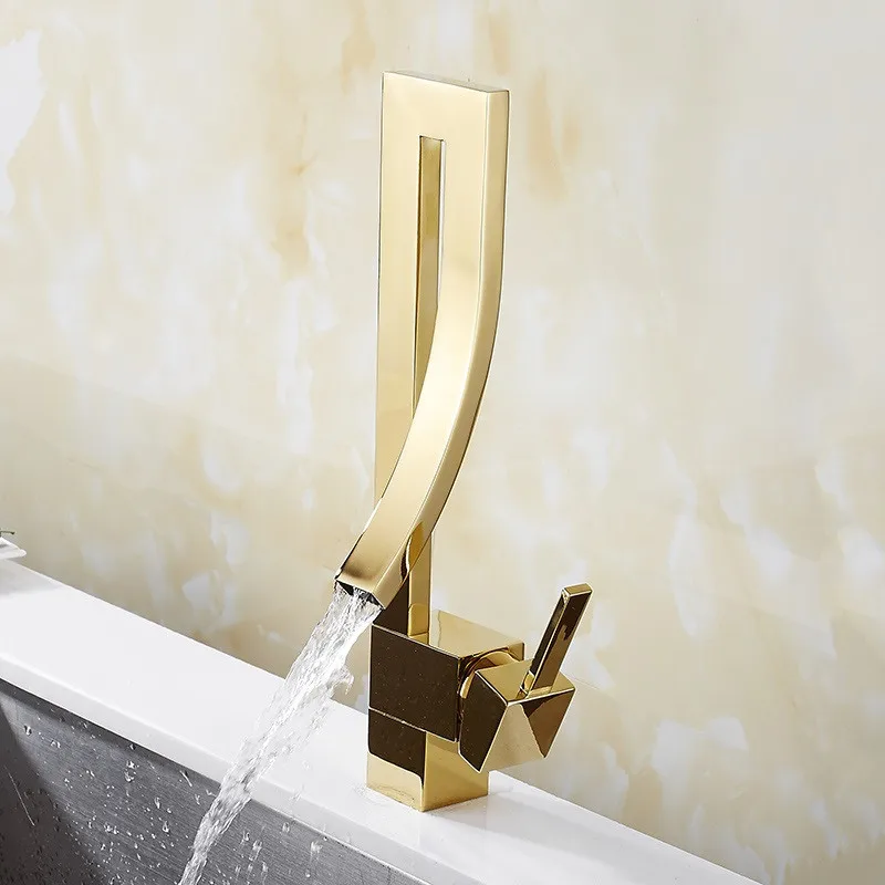 

Bathroom Basin Faucets Gold Brass Sink Mixer Tap Hot & Cold Single Handle Deck Mounted Rotating Lavatory Crane Tap Free Shipping