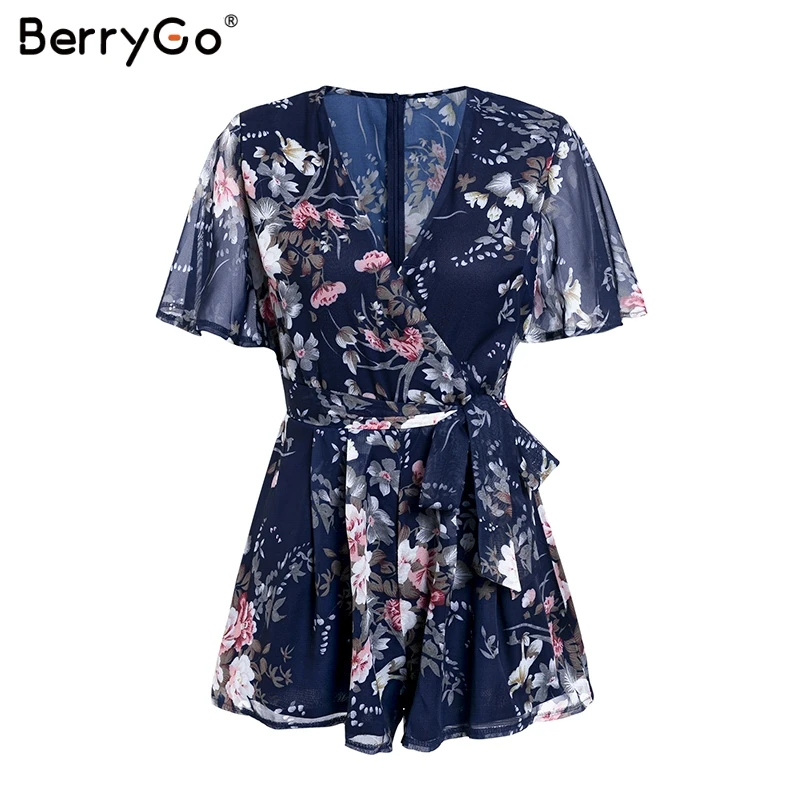 BerryGo повседневное цветочный принт playsuit для женщин sexy v образным вырезом плюс