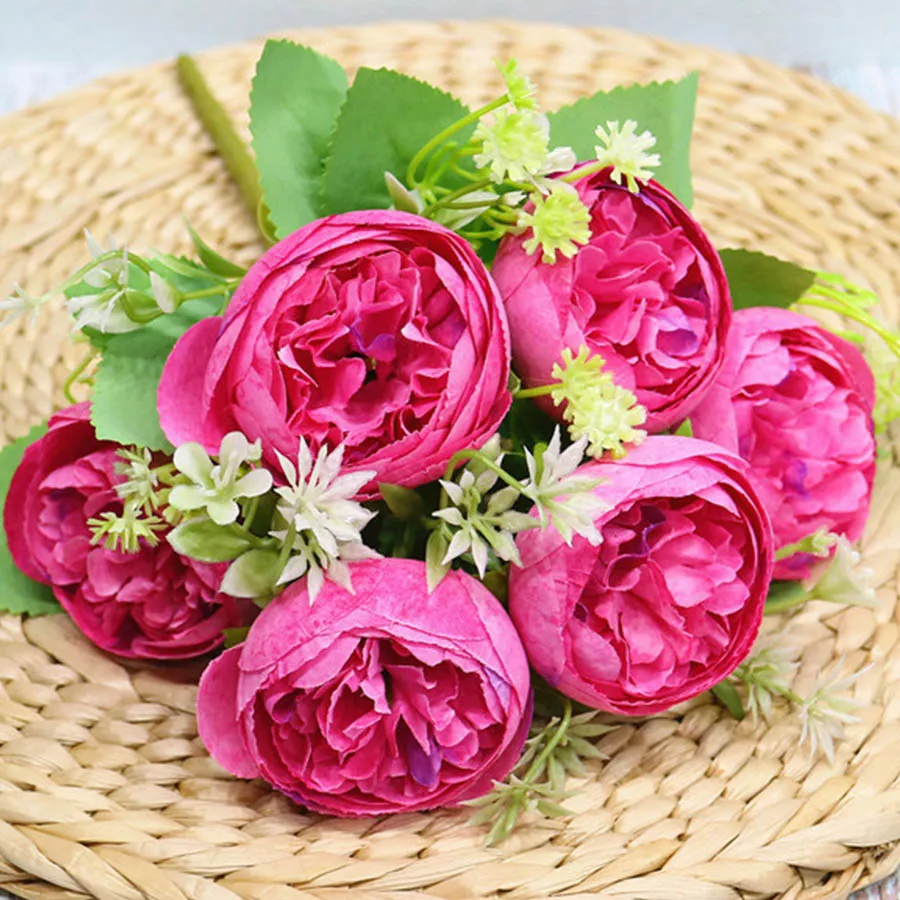 red purple artificial flowers peony silk bouquet for wedding decor high quality 6 head fake flowers peonies home decoration 8 colors - Цвет: red