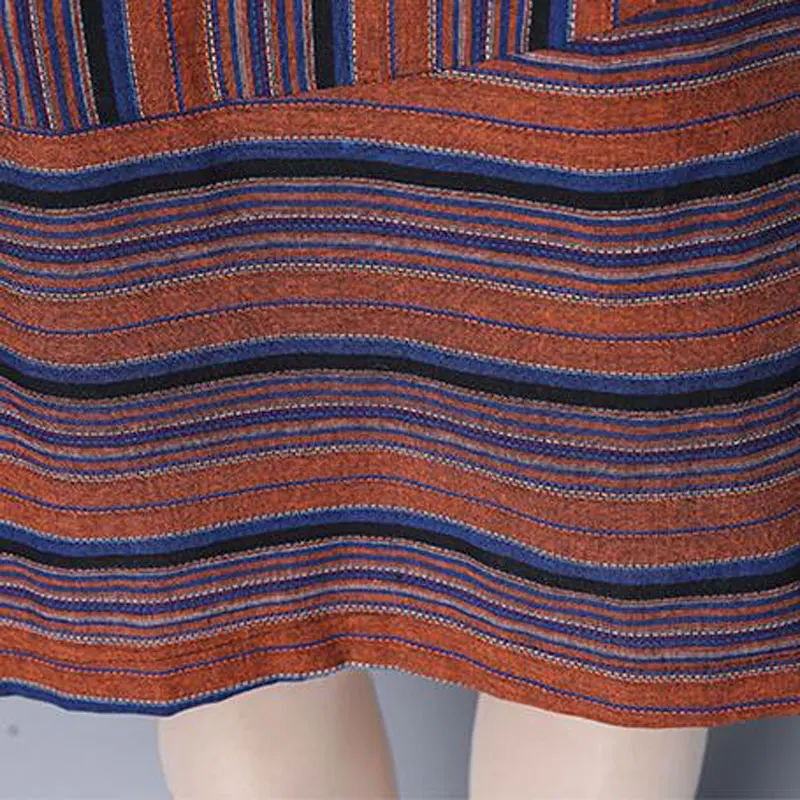

New Elegant Casual Striped Summer Women Dress Loose Cotton Linen Full Sleeve O-neck Plus Size A-Line Knee-Length Dress QH0019