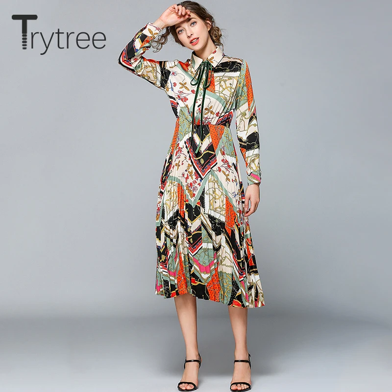 Trytree 2019 лето осень повседневное элегантное платье богемный принт отложной