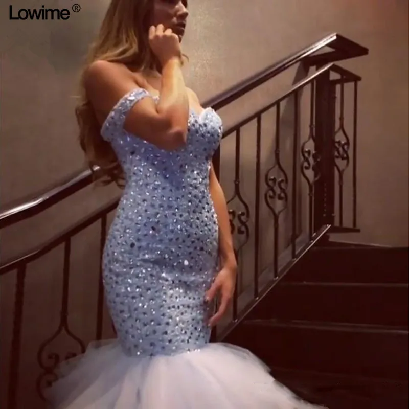 

Luxury Heavy Crystal Mermaid Prom Dress Gowns 2018 Off Shoulder Sweetheart Court Train Sparkly Formal Evening Party Dresses