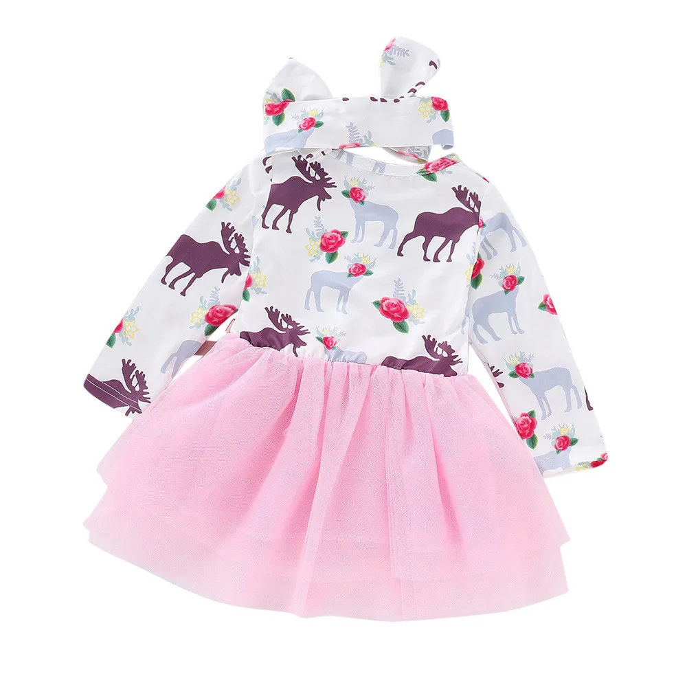 Girls Dress Infant Baby Cartoon Deers Print Tutu Tulle Christmas Party Princess Headbands Outfits Set T6# | Детская одежда и обувь