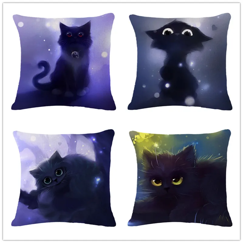

Cute Black Cat Decorative Cushion Cover 45x45CM Cotton Linen Square Throw Pillow Cover Animal Cushion Decorative Pillow Cace