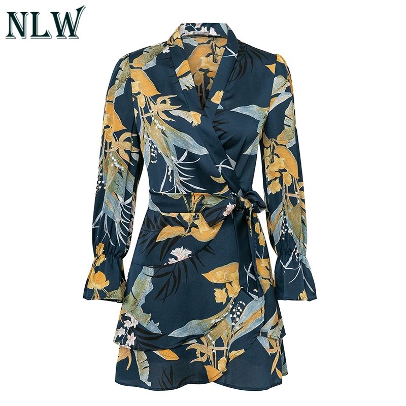 NLW Feminino wrap зимние платья Vestido с оборками богемное цветочное вечернее платье vestidos
