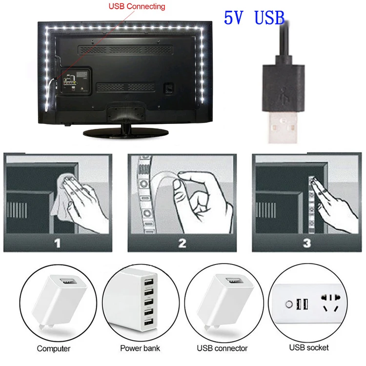 AC DC 5 в USB Светодиодная лента RGB 1 м SMD 2835 60 светодиодный s/M светильник Диодная