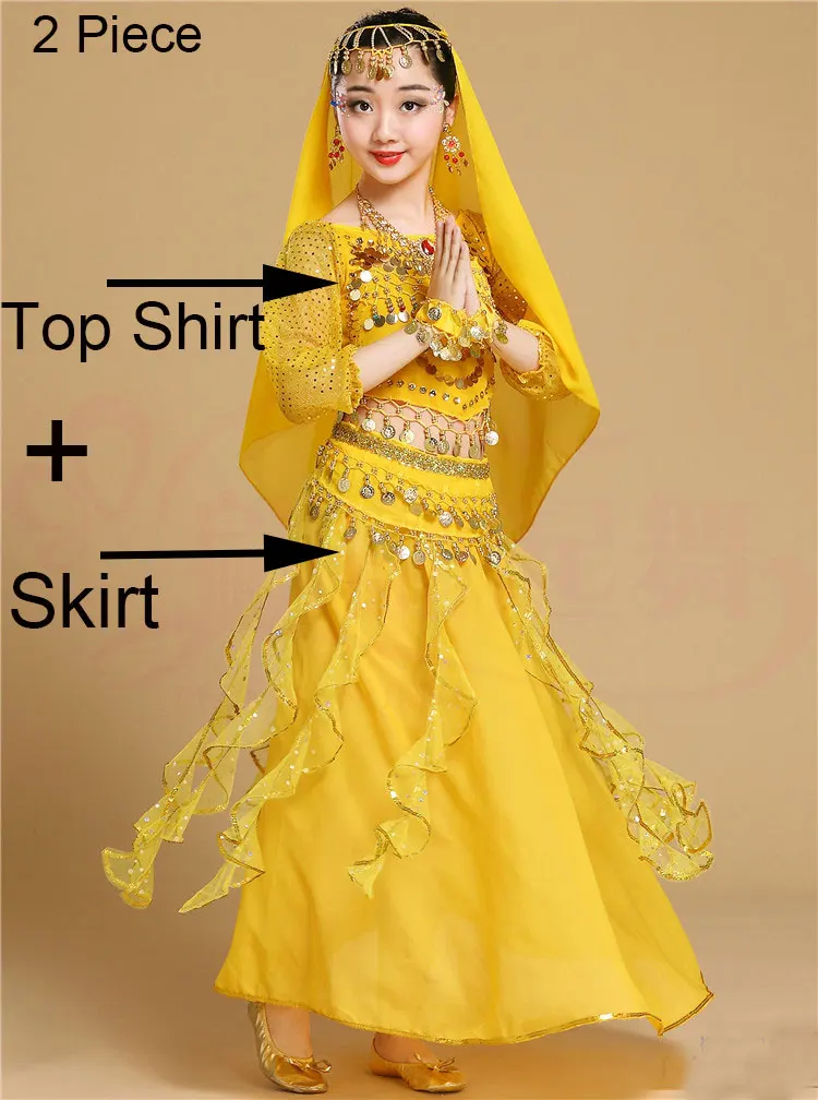 Yellow 2 Piece Профессиональная индийская Одежда для танцев для девочек, детские костюмы для танца живота для девочек, Египетский костюм для танца живота для девочек, танцевальный костюм для Болливуда - Цвет: Yellow 2 Piece