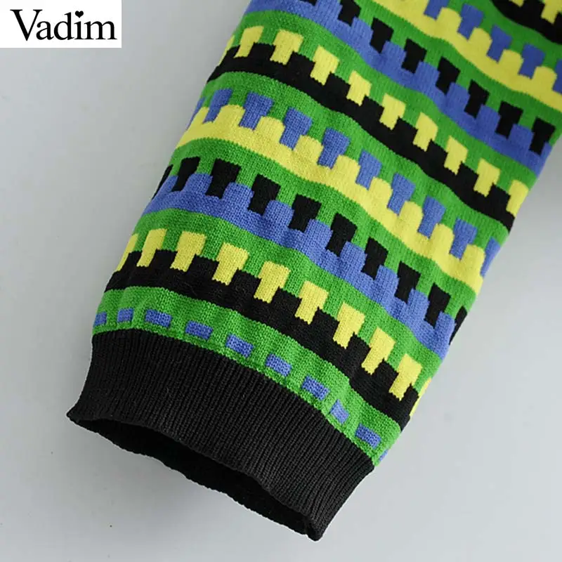 Vadim women basic striped knitted sweater short style long sleeve female casual stretchy pullovers vintage O neck tops HA373 | Женская