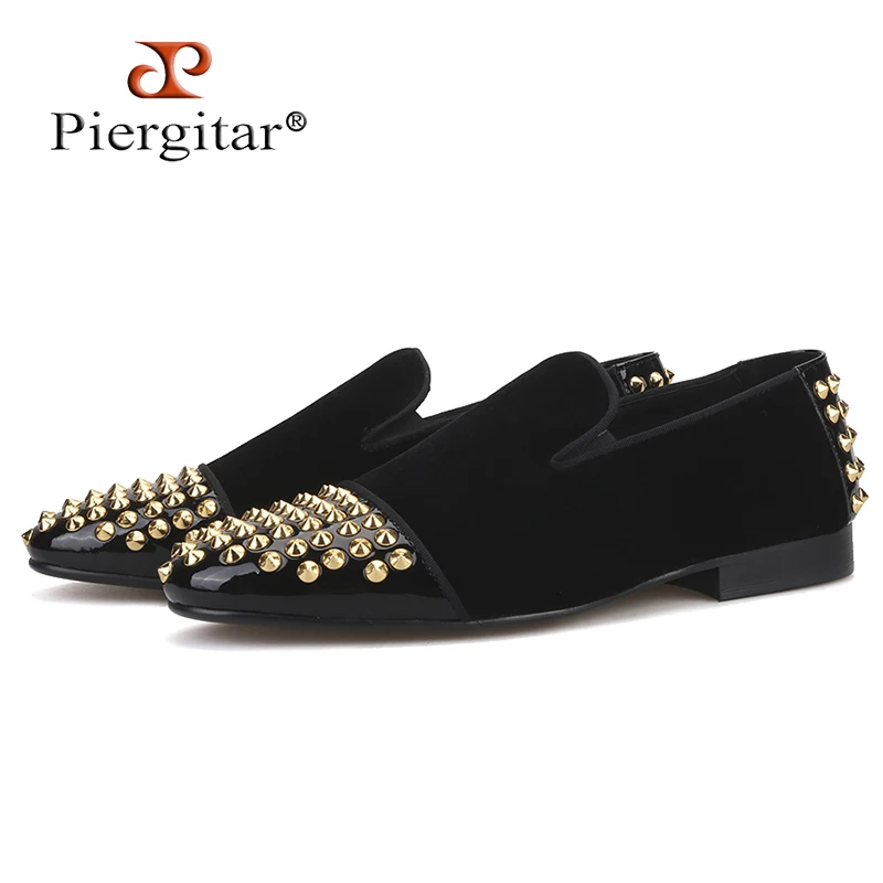 

Piergitar 2019 Handmade men velvet shoes with front and rear gold spikes Italy style smoking slipper plus size men casual shoes