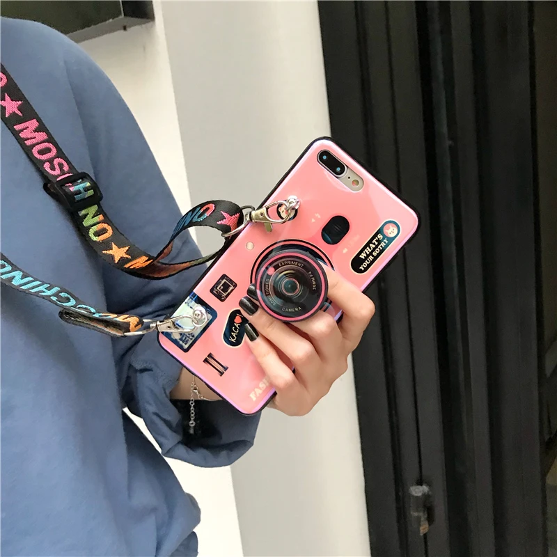3D камера стиль Мягкий ТПУ чехол с ремешком и кронштейном для iPhone X XR XS Max 6 6S 7 8 Plus 5 5S