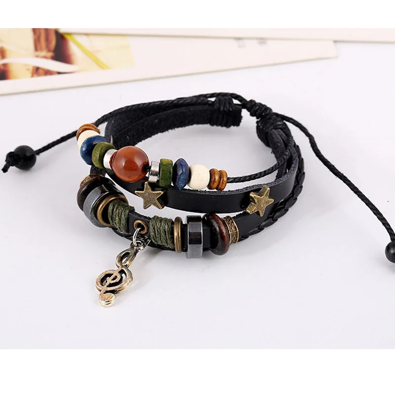 Браслет с бусинами для мужчин и женщин 4-слойный музыкальный плетеный кожаный