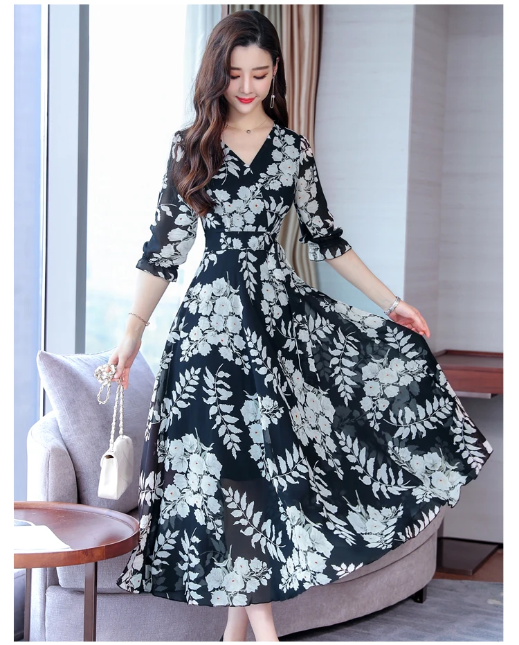 High Quality Plus Size Fashion Autumn New Arrival Collect Waist 3/4 Sleeve FeatherPrinting Woman Long V Neck Chiffon Dress
