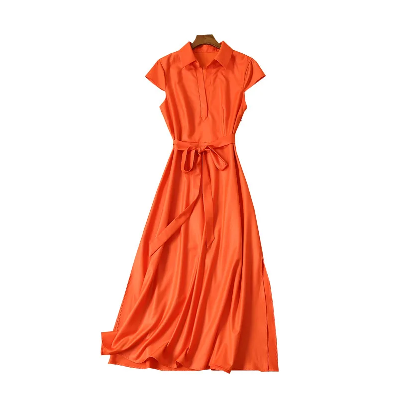 European Style 2019 Summer Runway Clothes Turn Down Collar Short Sleeve Solid Long Dress Empire Sashes Sexy Slit Women Dresses Женская