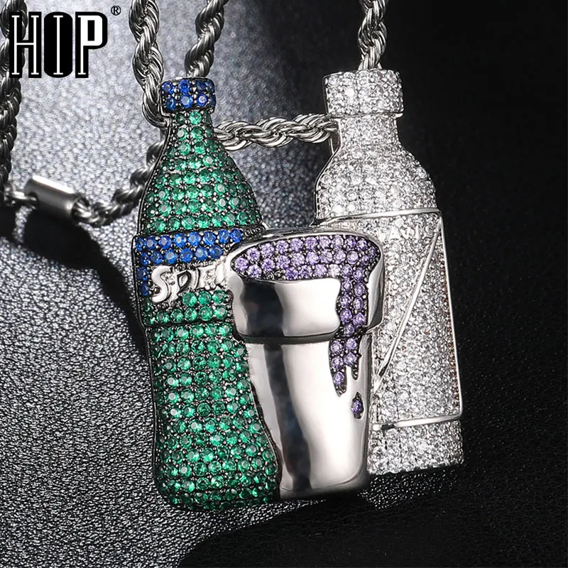 Хип хоп Многоцветный кубический циркон Iced Out блестящая бутылка вина фиолетовый зеленый серебряный кубок комбинированный кулон и ожерелье для мужчин ювелирные изделия