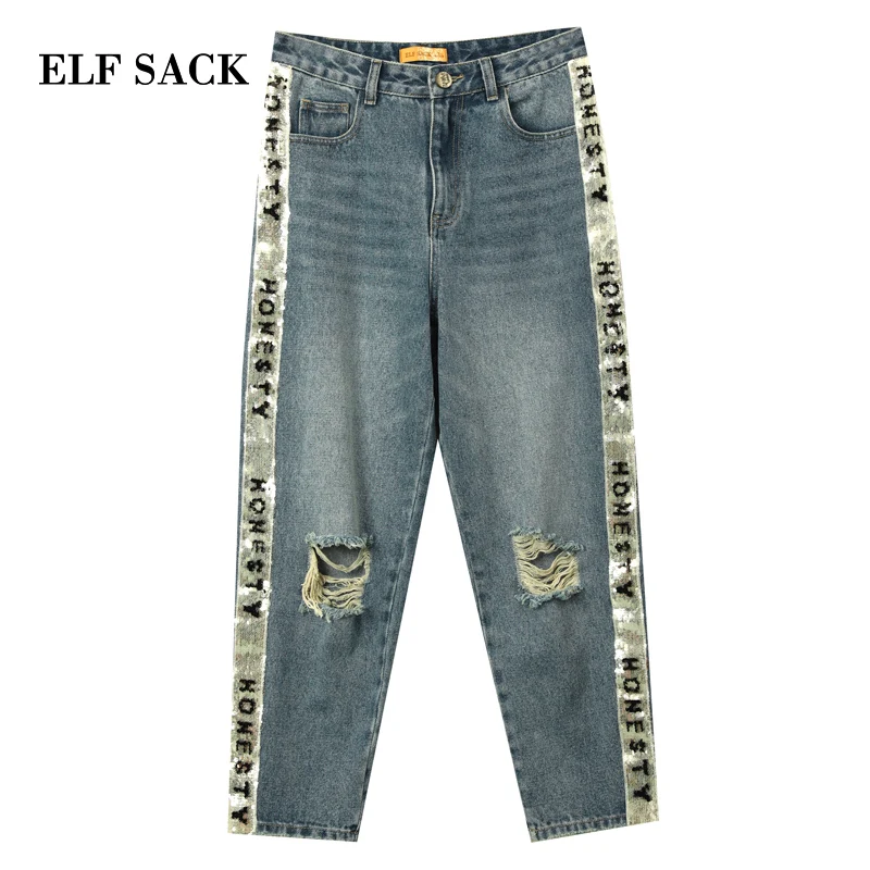 Женские прямые джинсы ELFSACK черные повседневные хлопковые брюки свободный