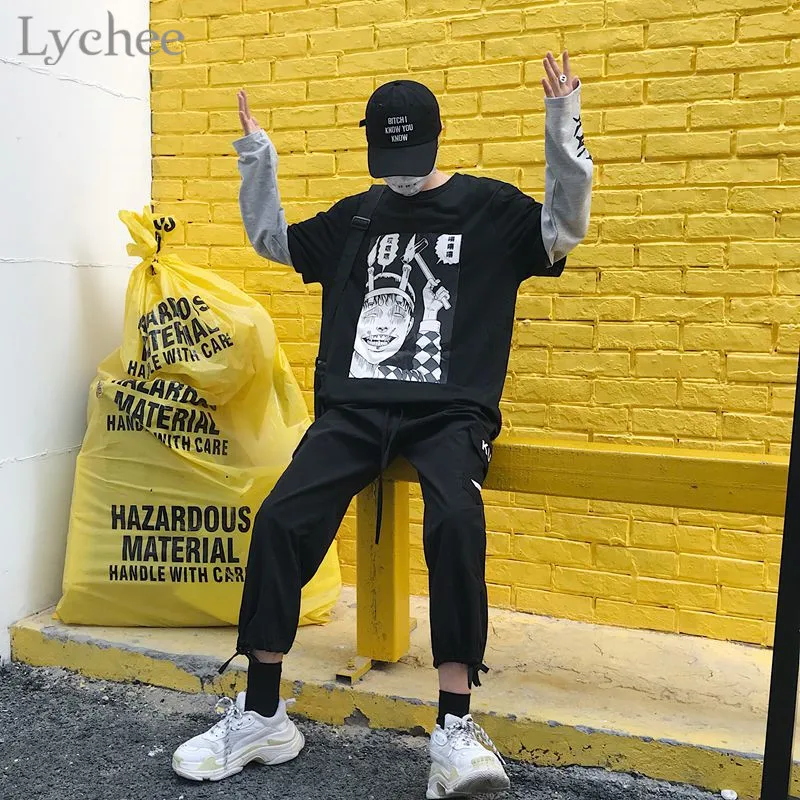 Lychee Harajuku японский Junji Ito аниме принт Женская футболка поддельные 2 шт o-образным вырезом с длинным рукавом Повседневная Свободная Женская футболка