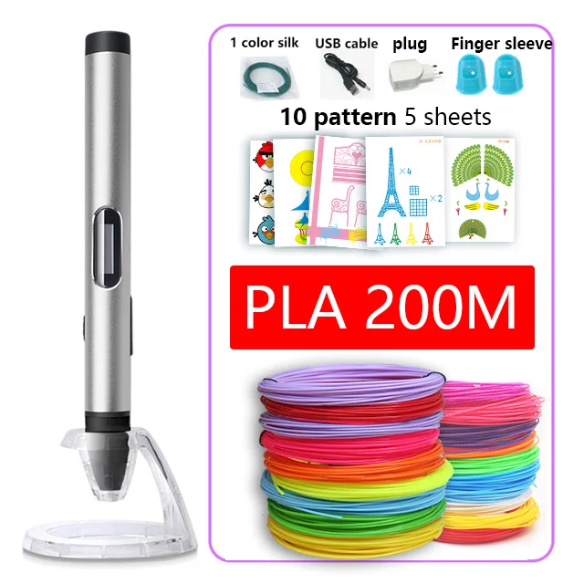 Silver and 200m pla 3d Ручка 4-го поколения, 3 d ручки, 3d Ручка для принтера, 1,75 мм abs/pla нити, металлический материал, зарядка через usb, светодиодный дисплей - Цвет: Silver and 200m pla