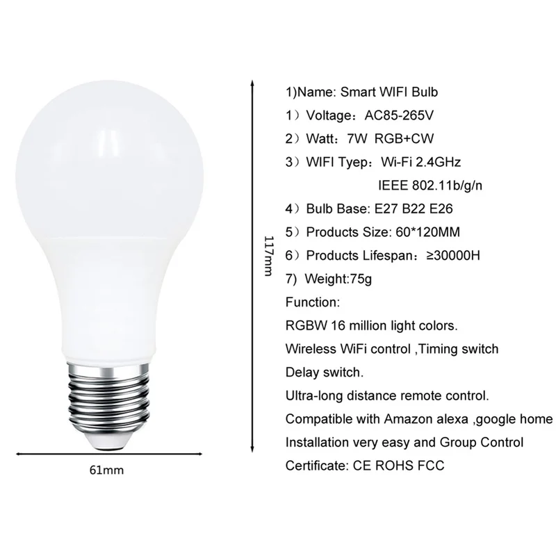 E27/B22 WiFi Smart Light Bulb Dimmable Multicolor Wake-Up Lights RGB LED Lamp Work with Alexa Google Assistant Remote Control |