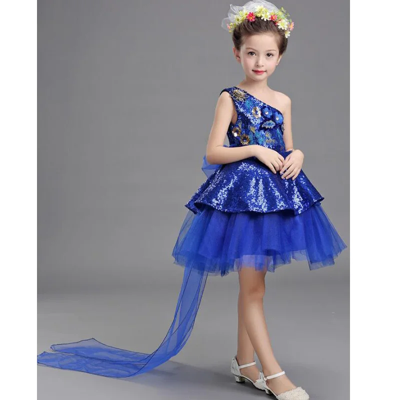 Голубое желтое платье с блестками для девочек свадьбы вечеринки Бальные