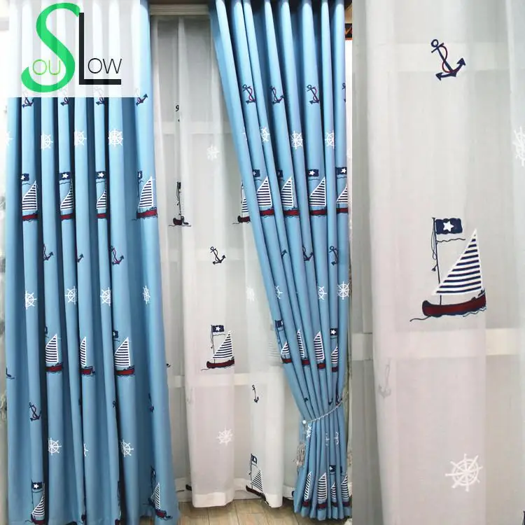 Хлопковые шторы Slow Soul с вышивкой рисунком озера голубого цвета для детской