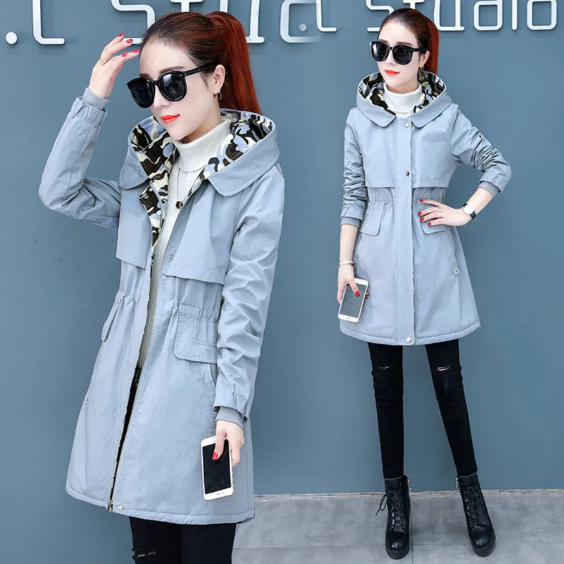 Женский свободный Тренч с капюшоном повседневная бархатная ветровка средней