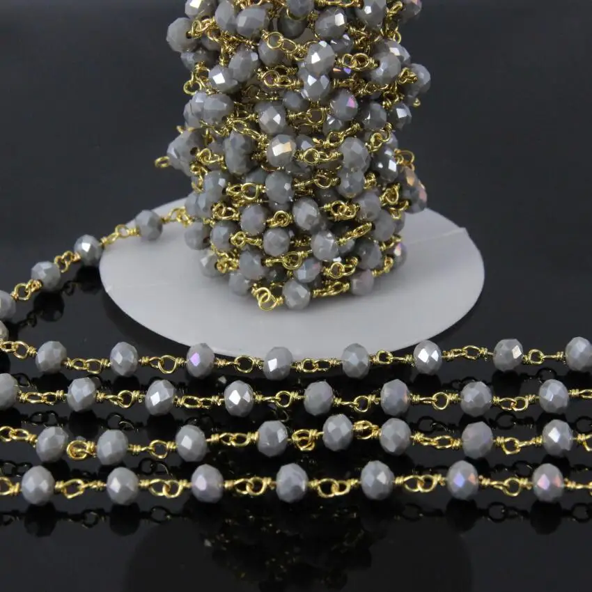 

Rainbow Grey Glass Faceted Rondelle Rosary Chain,Plate Gold Wire Wrapped Link Glass Crystal beads Copper Chain,5Meters