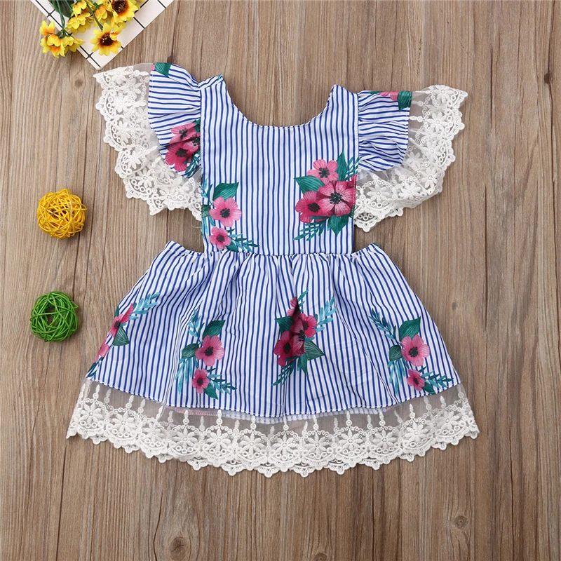 Летнее платье с коротким рукавом Полосатое кружевное фатиновое праздничное