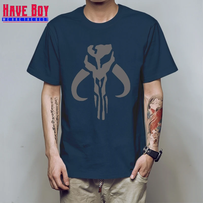 Модные рубашки короткий мандалорский череп Boba Fett Мужская футболка с круглым вырезом HB07 - Color: navy gray