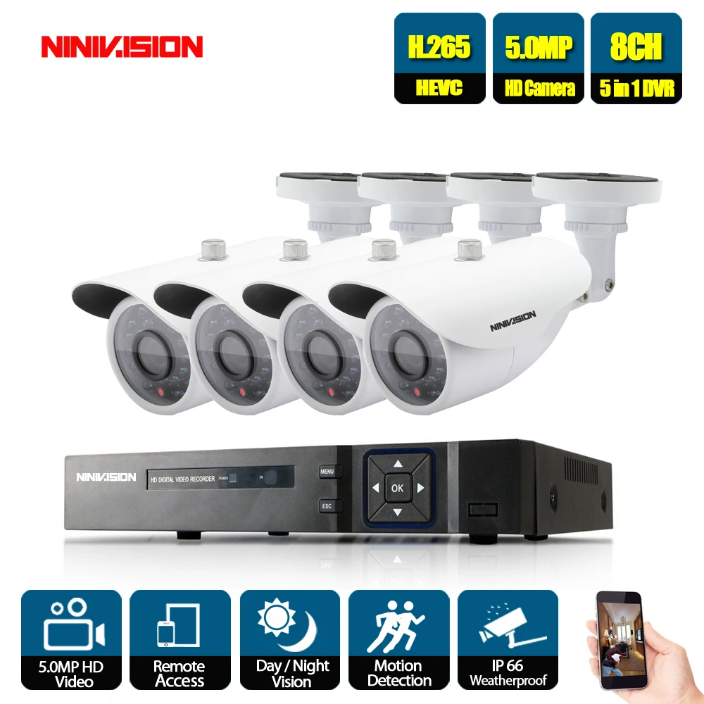 Белый 5MP Ultra HD 8CH DVR H.265+ CCTV камера системы безопасности 4 шт. IP66 Водонепроницаемая наружная 5MP камера металлическая камера видеонаблюдения - Цвет: Белый